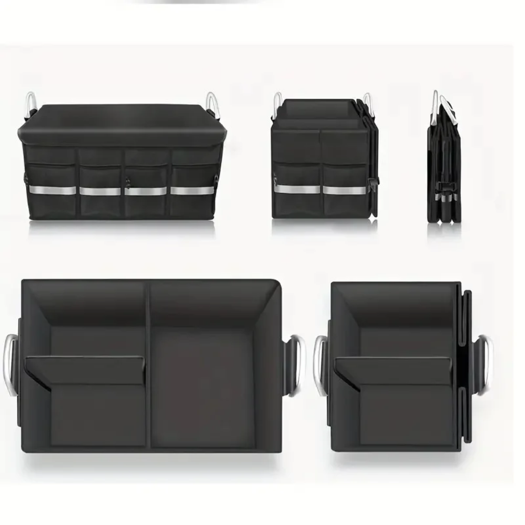 Collapsed car trunk organizer folded for compact storage