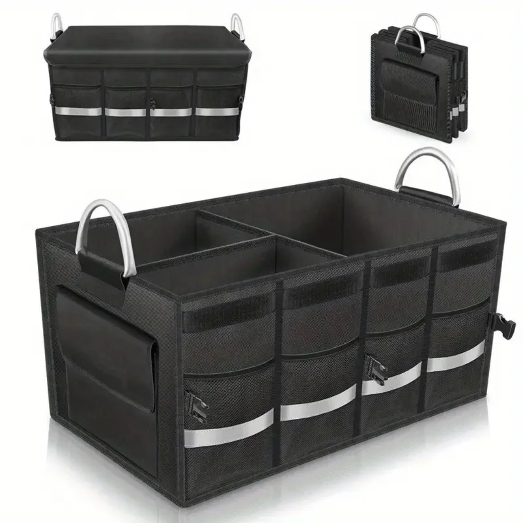 Open foldable car trunk storage box showing interior compartments