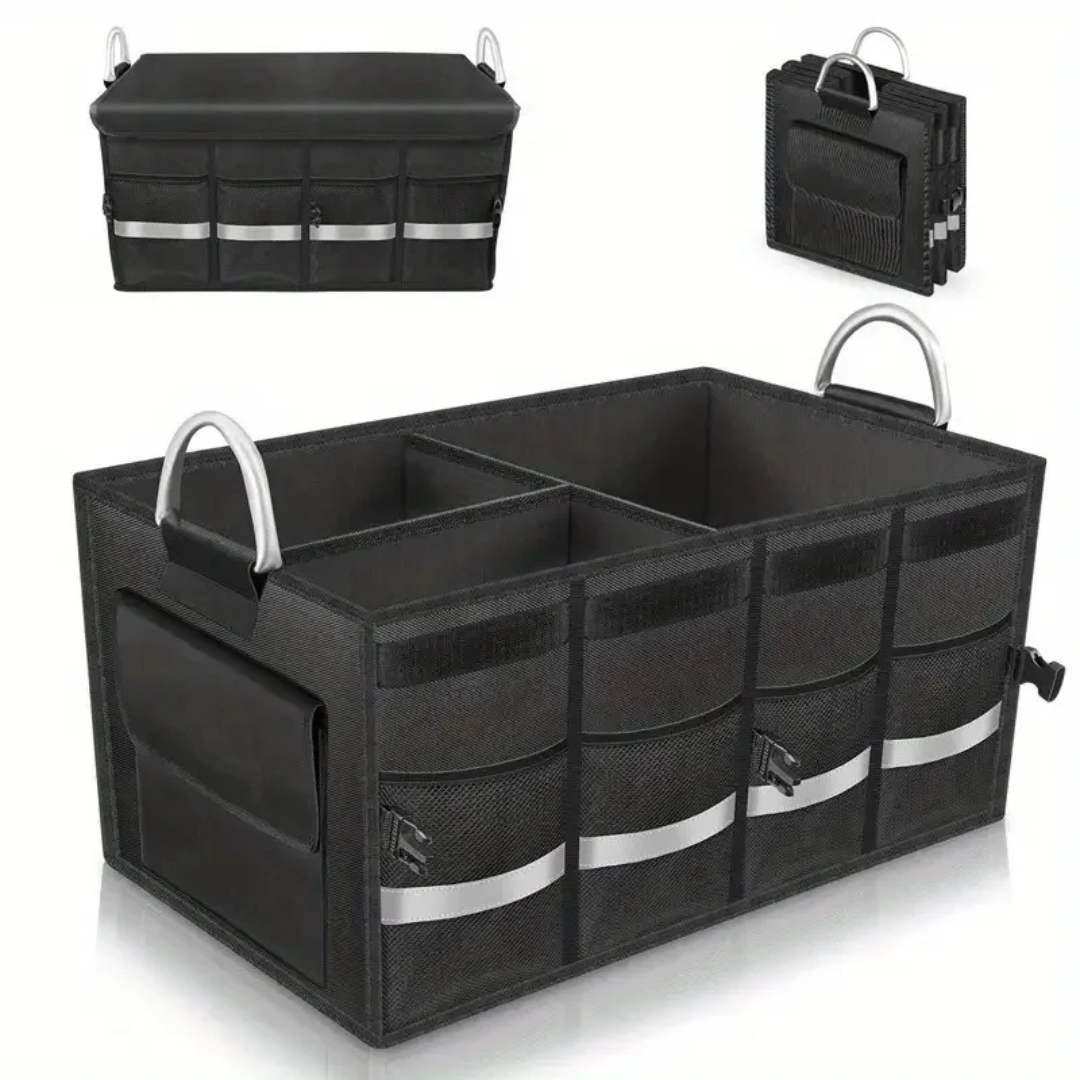 Open foldable car trunk storage box showing interior compartments