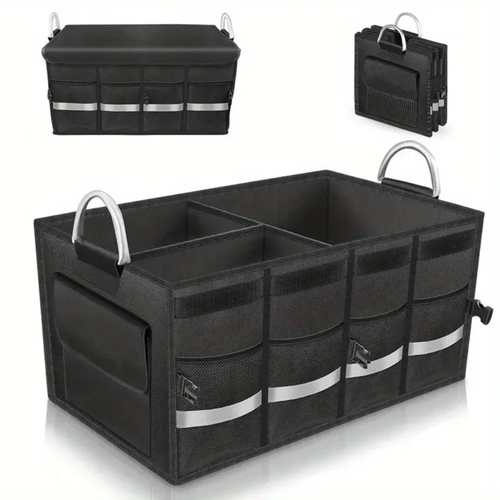 Open foldable car trunk storage box showing interior compartments