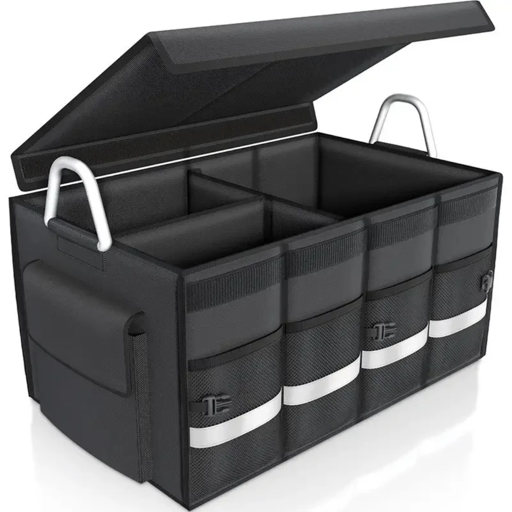 Collapsible car trunk organizer with lid and storage compartments