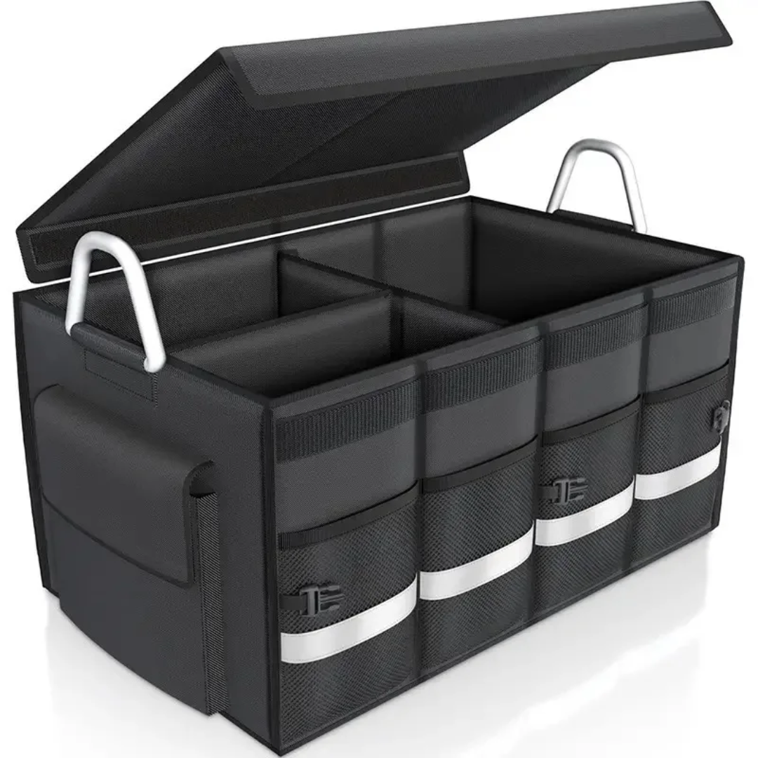 Collapsible car trunk organizer with lid and storage compartments